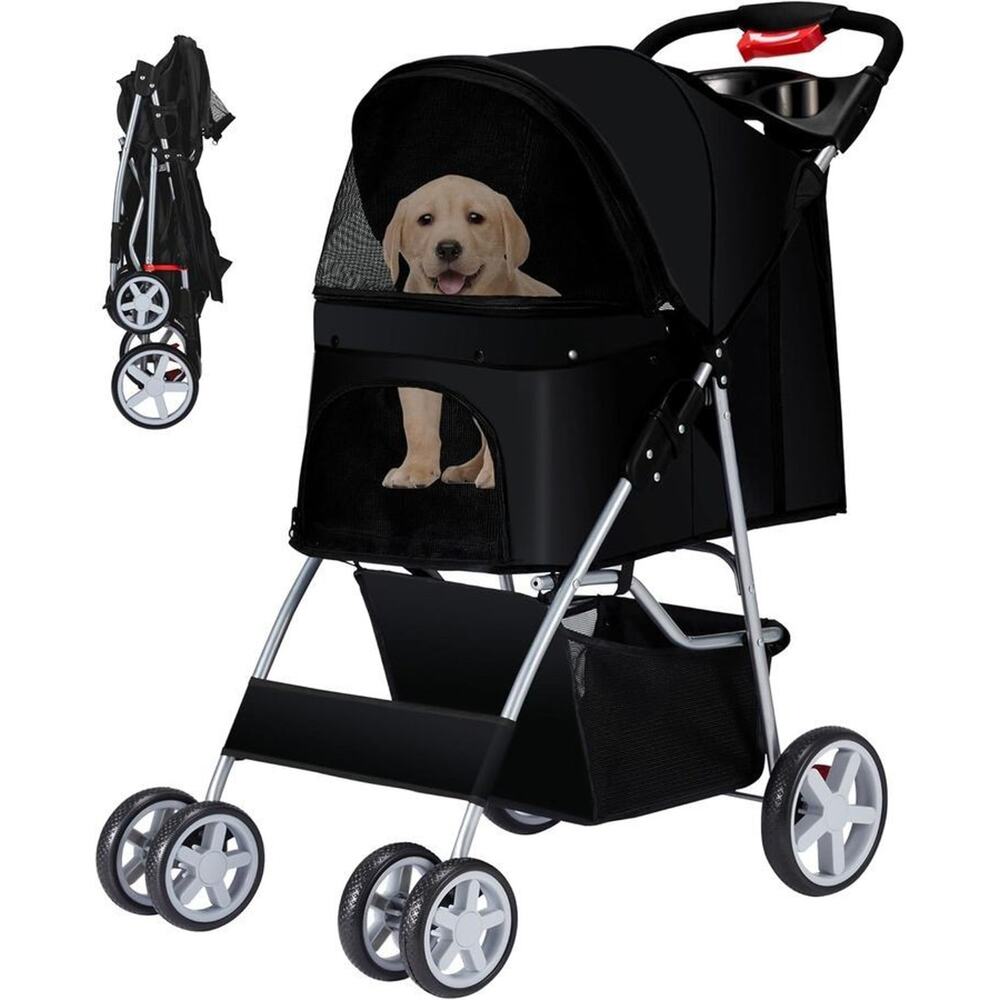 4 Wheel Dog Small Pet Cat Bunny Stroller Light Foldable Enclosed 33lbs Black NEW
